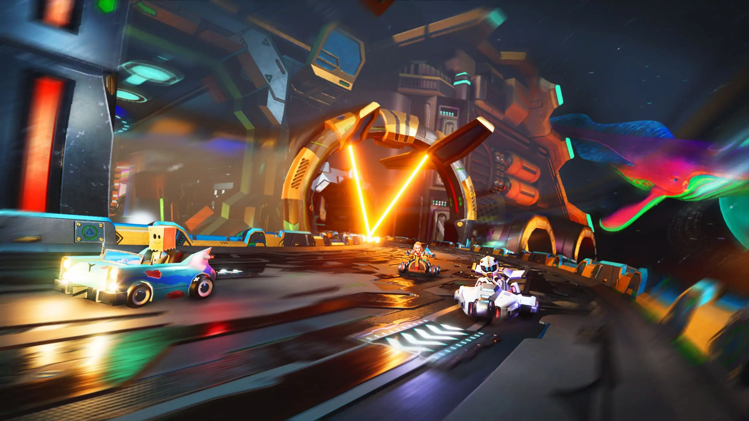 Galaxy Kart VR gameplay showing high fidelity space track environments.