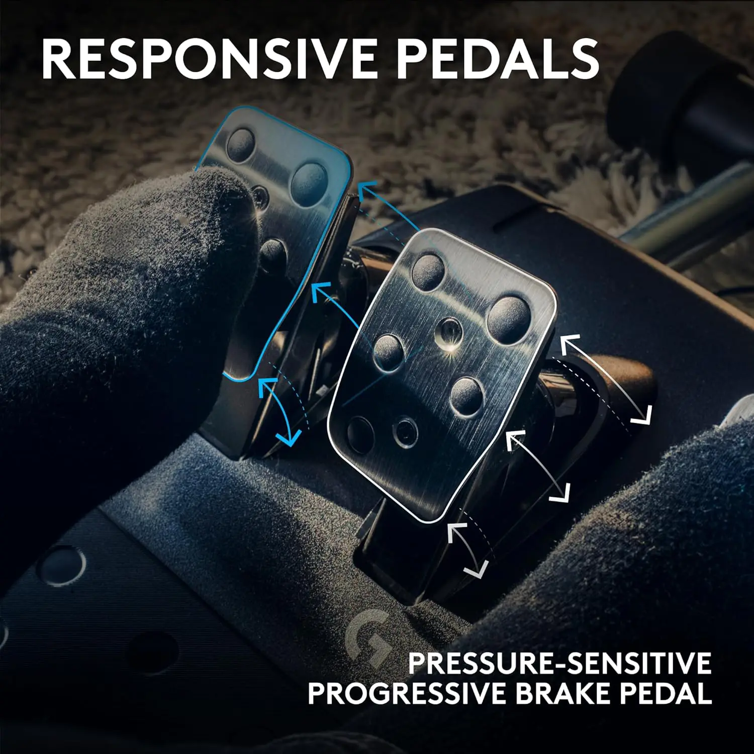 Logitech G923 pedals feature a progressive brake spring for realistic stopping power.