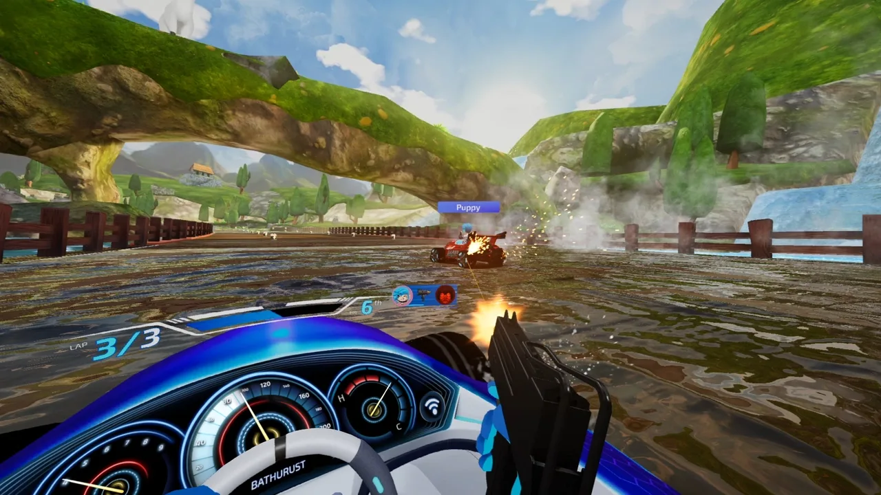 Player holding a weapon in Dash Dash World VR while driving a kart.