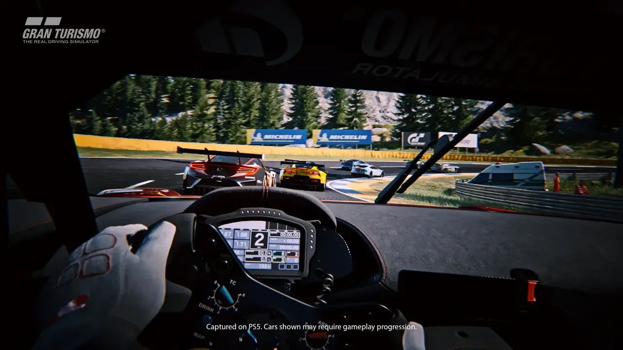 Gran Turismo 7 VR cockpit view showing detailed interior textures.